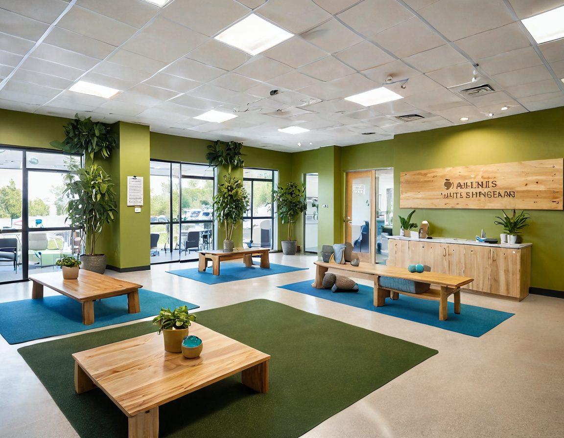 A bright and inviting community clinic space filled with diverse people engaging in wellness activities, like yoga and group discussions. Feature visuals of health services, such as a nutrition display, fitness equipment, and friendly staff assisting patients. The setting should convey a sense of collaboration and support within the community. Include greenery and natural elements for a healthy vibe. super-realistic. vibrant colors. warm atmosphere.