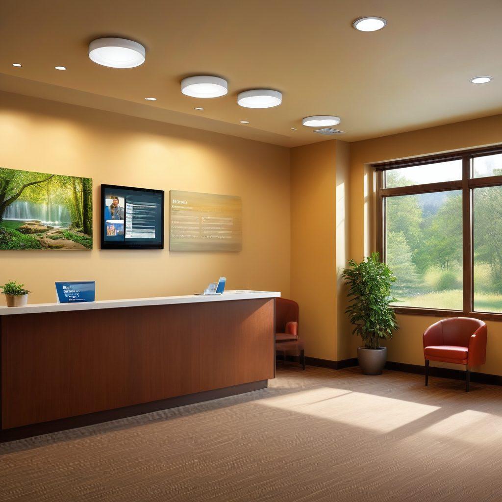 A warm and inviting clinic environment featuring diverse patients engaging with wellness resources, such as informational brochures and digital tablets. Show a caring healthcare professional providing guidance while a backdrop of serene nature artwork emanates calmness. Include elements representing support, like community boards and friendly interactions. super-realistic. vibrant colors. warm lighting.