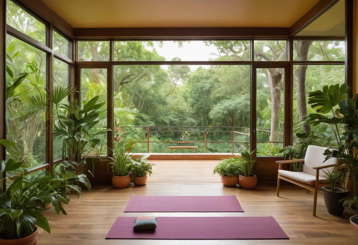 A serene wellness center surrounded by lush greenery, featuring a welcoming entrance with a colorful sign reading 'Explore Comprehensive Services'. Inside, diverse individuals engaging in yoga, meditation, and nutrition workshops, all exuding a sense of peace and vitality. Include soft natural lighting streaming through large windows, evoking a sense of tranquility. The atmosphere should convey holistic health and well-being. super-realistic. vibrant colors.